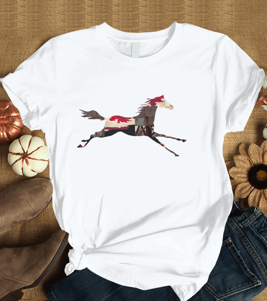 Garnet Red and White Horse Silhouette with Urban Texture Elements T-Shirt
