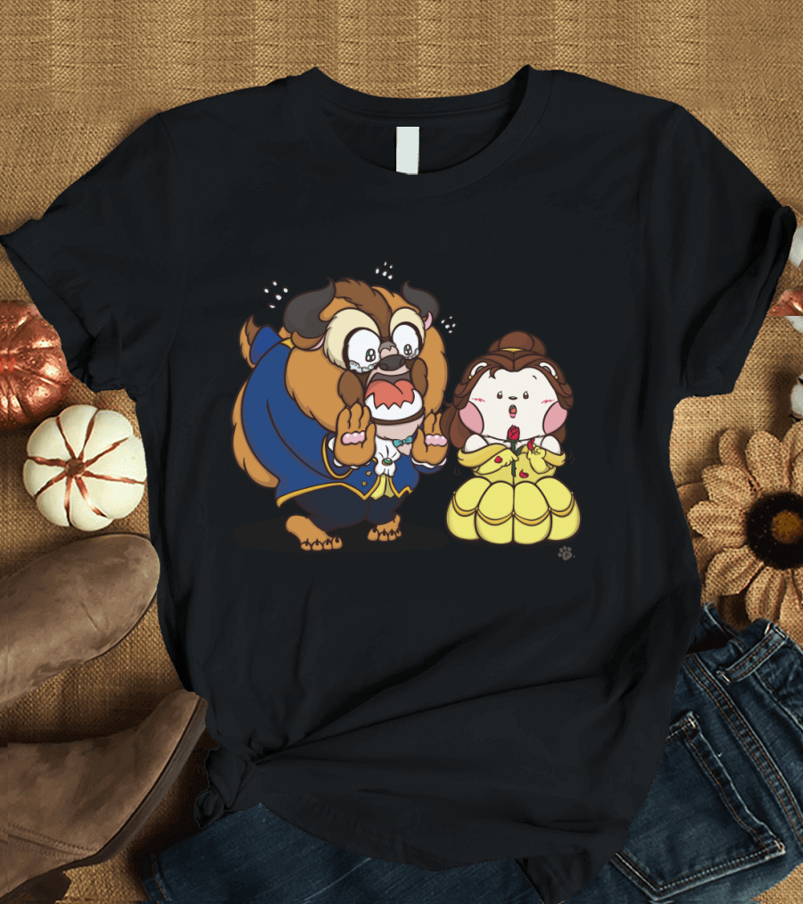 Beauty and the Beast Adorable Chibi Style Characters in Blue and Yellow Dress T-Shirt