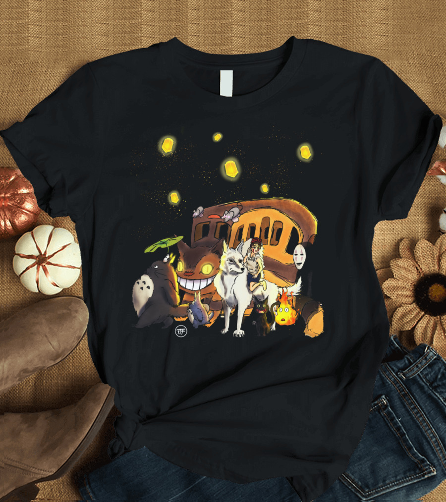 Studio Ghibli Characters Catbus Totoro Mononoke No-Face Kiki Jiji Calcifer Forest Spirits Lanterns T-Shirt