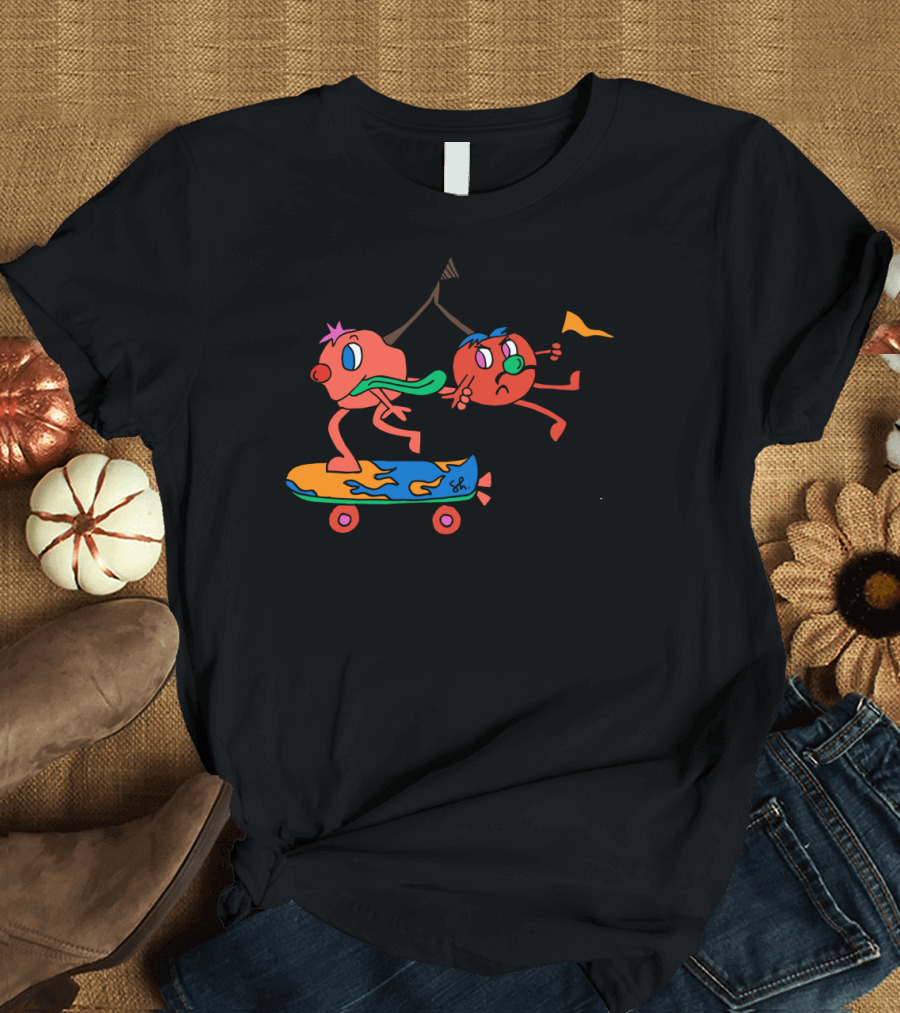 Skateboarding Cherries on the Run with Waving Flag and Multicolor Board T-Shirt