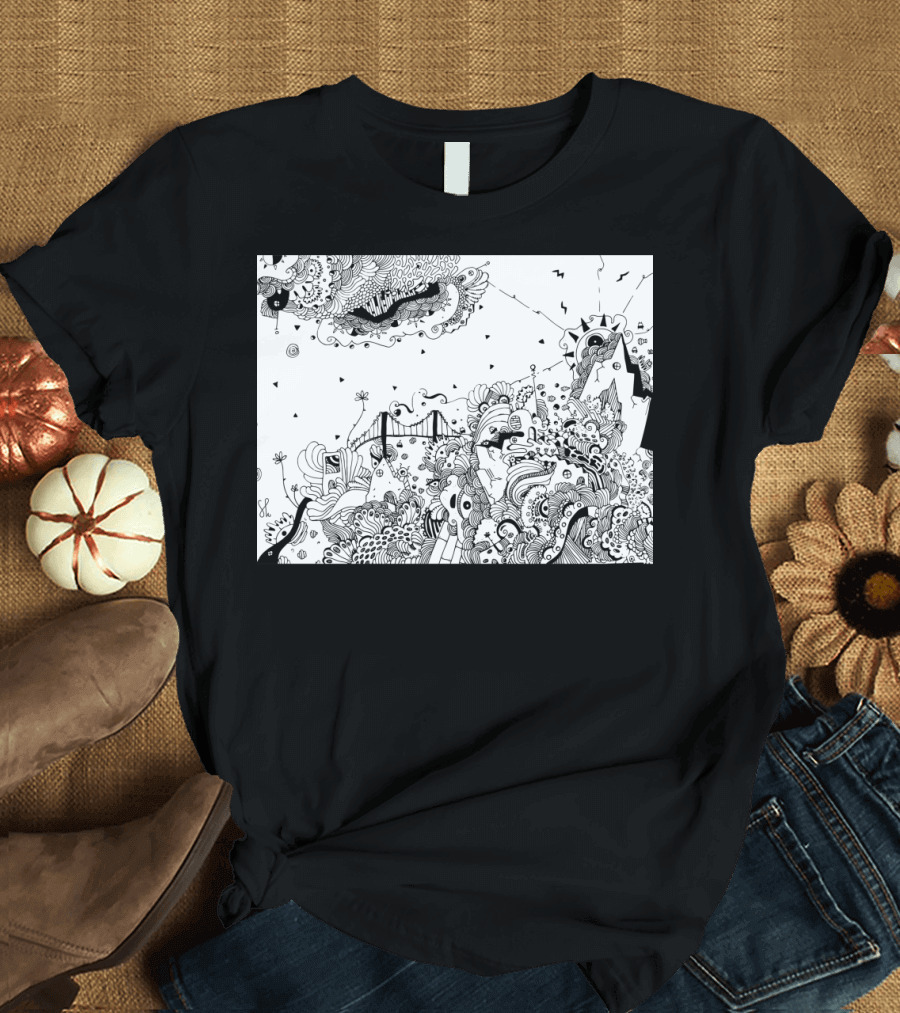 City of Serendipity Surreal Doodle with Bridge and Abstract T-Shirt