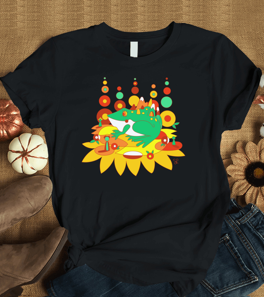 Colorful Frog on Sunflower with Abstract Circular T-Shirt