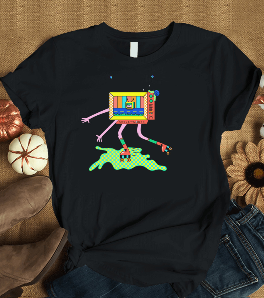 Shelbyworks TV Head Roller Skating on Checkered Slime Puddle T-Shirt