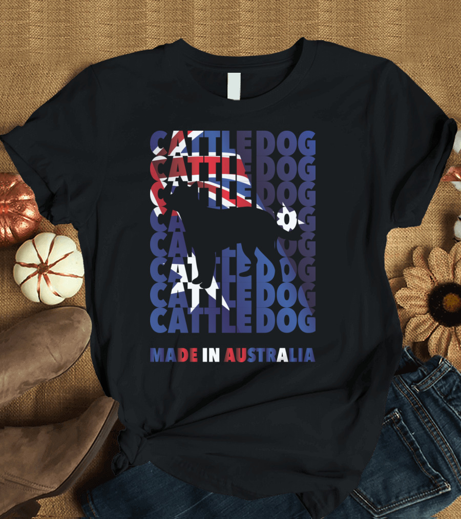 Cattle Dog Silhouette with Australian Flag and Made in Australia Text T-Shirt