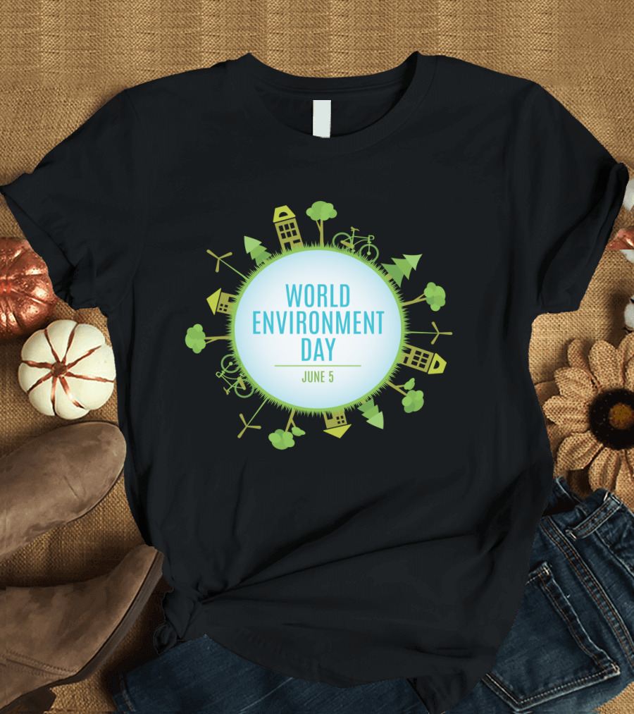 World Environment Day June 5 Green Holiday Earth with Trees Wind Turbines Buildings and Bicycle T-Shirt