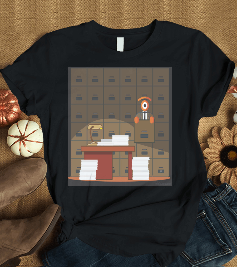 Lost in the Process: Stacked Papers and Filing Cabinet Creature in Office Setting T-Shirt