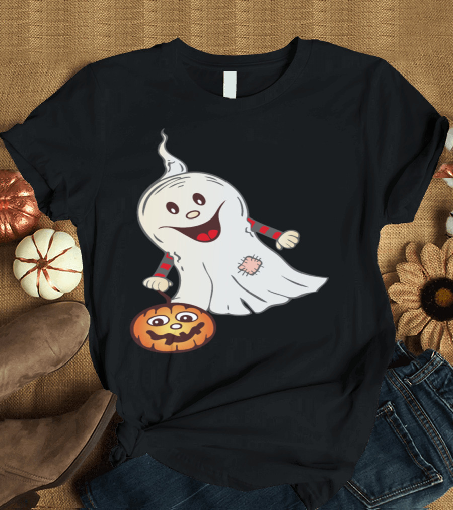 Cheerful Halloween Ghost with Smiling Pumpkin T-Shirt