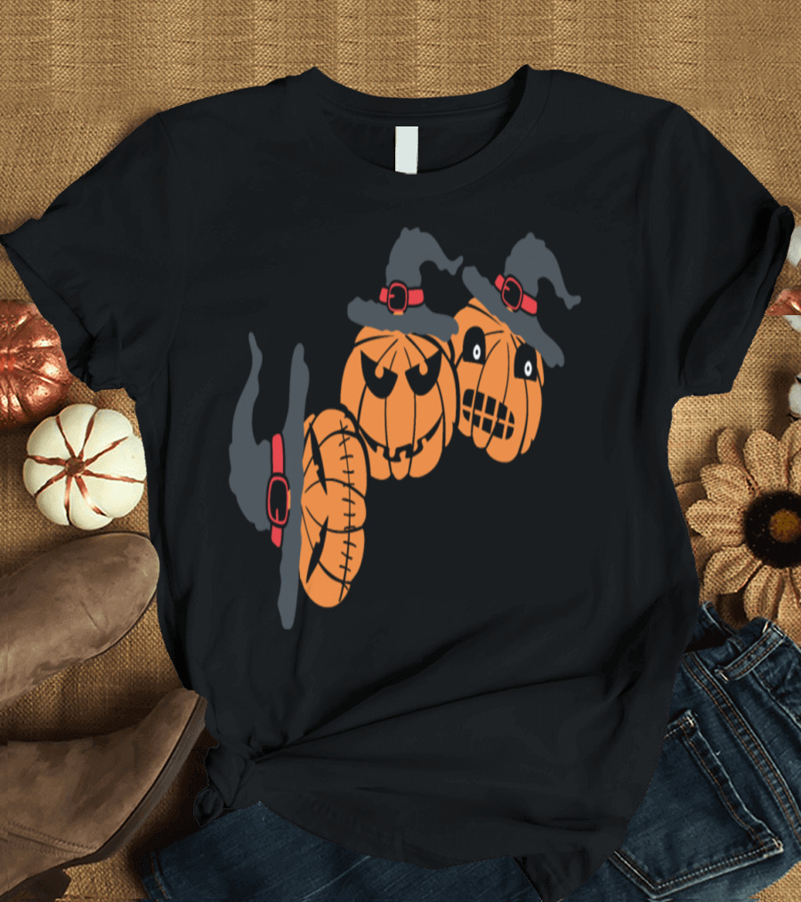 Spooky Pumpkin Trio with Witch Hats and Eerie Faces T-Shirt