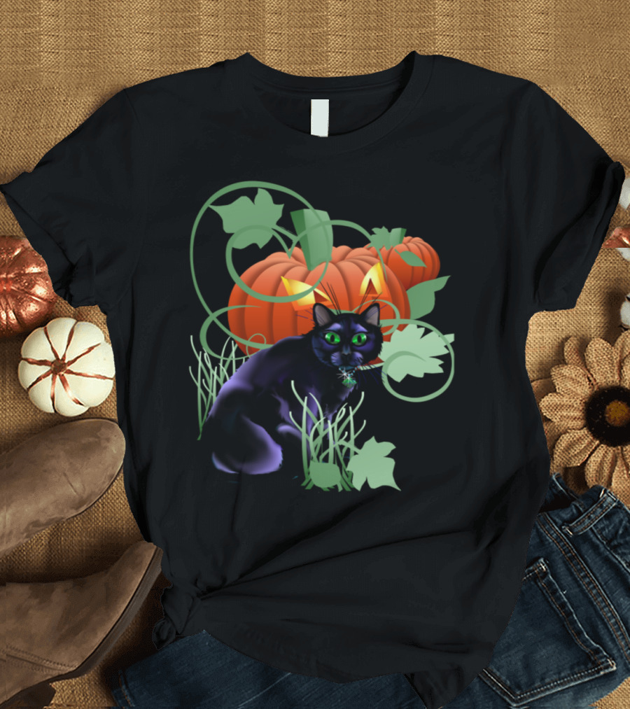 Black Cat With Green Eyes and Glowing Pumpkin with Leaves T-Shirt