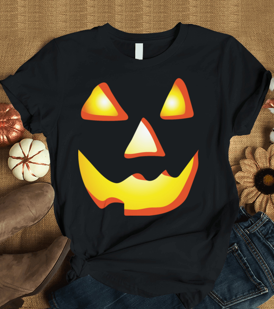 Spooky Grinning Pumpkin Face with Bright Orange and Yellow Glow T-Shirt