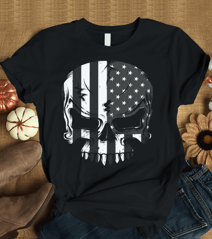 American Flag Skull Grey and White T-Shirt