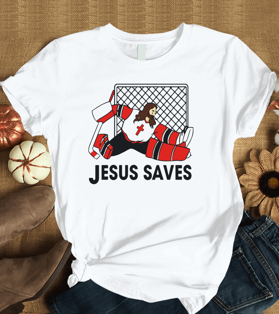 Hockey Jesus Saves Goalkeeper with Cross Motif in Action T-Shirt