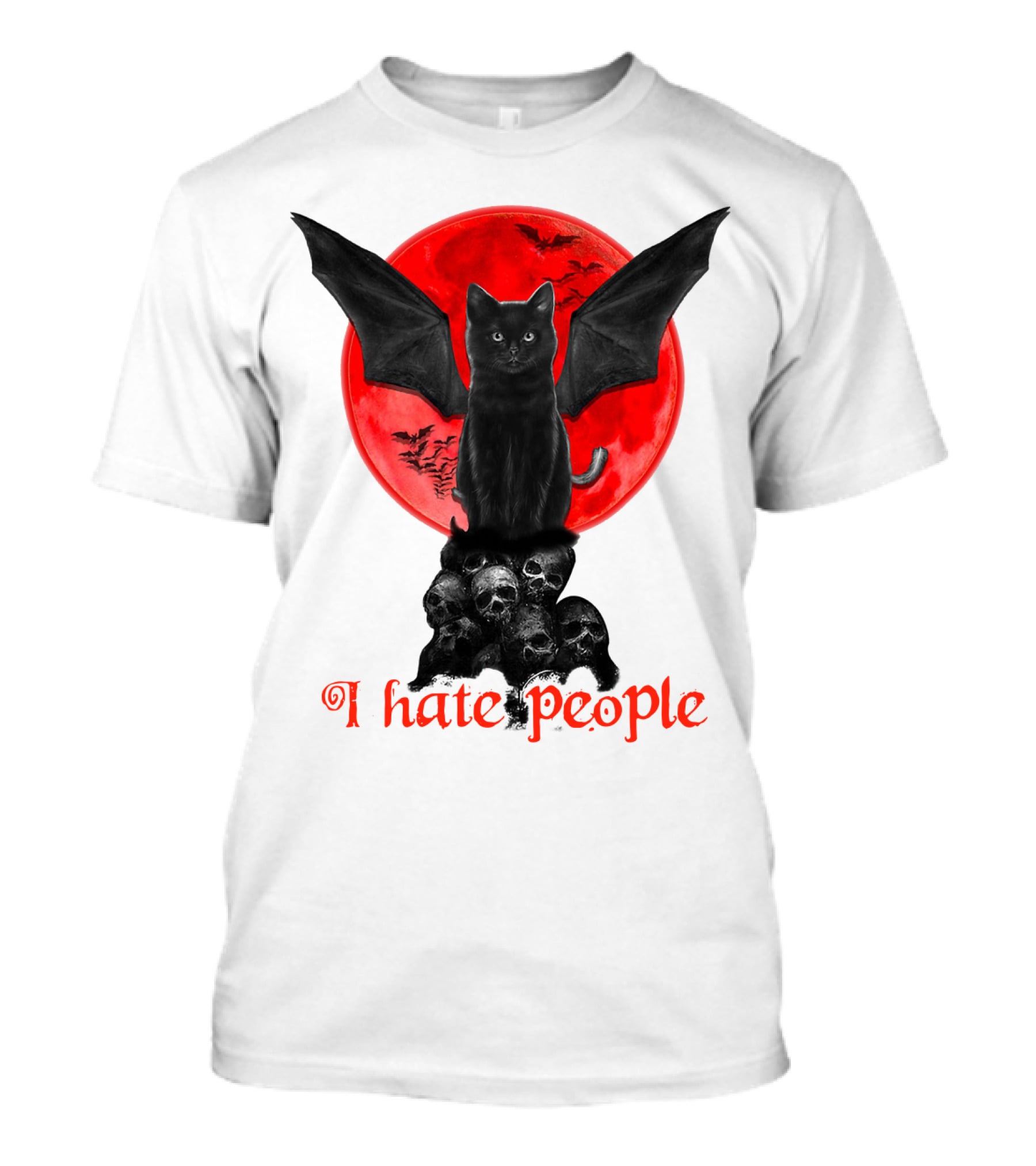 Black Bat Cat I Hate People Red Moon Skulls T-Shirt