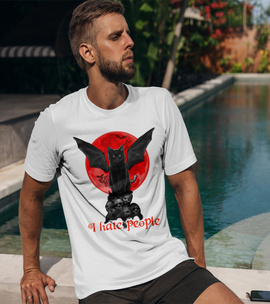 Black Bat Cat I Hate People Red Moon Skulls T-Shirt