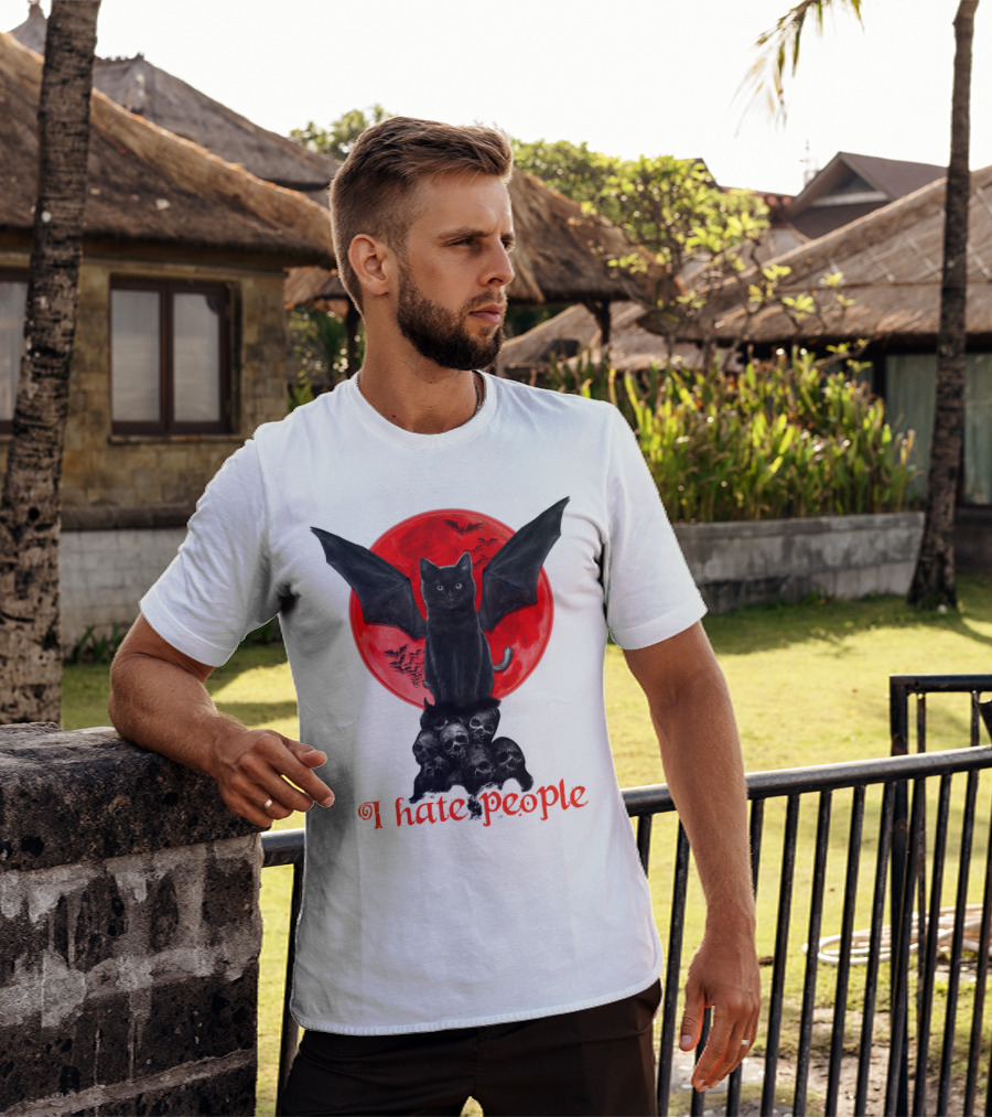 Black Bat Cat I Hate People Red Moon Skulls T-Shirt
