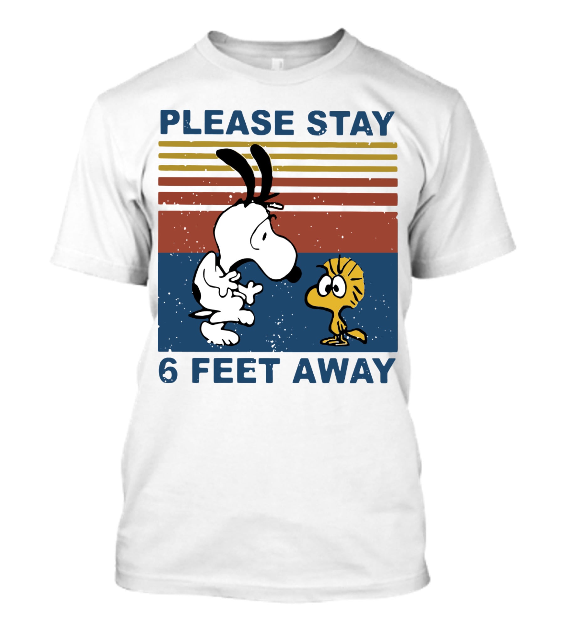 Vintage Please Stay 6 Feet Away Snoopy Woodstock Retro Stripes T-Shirt
