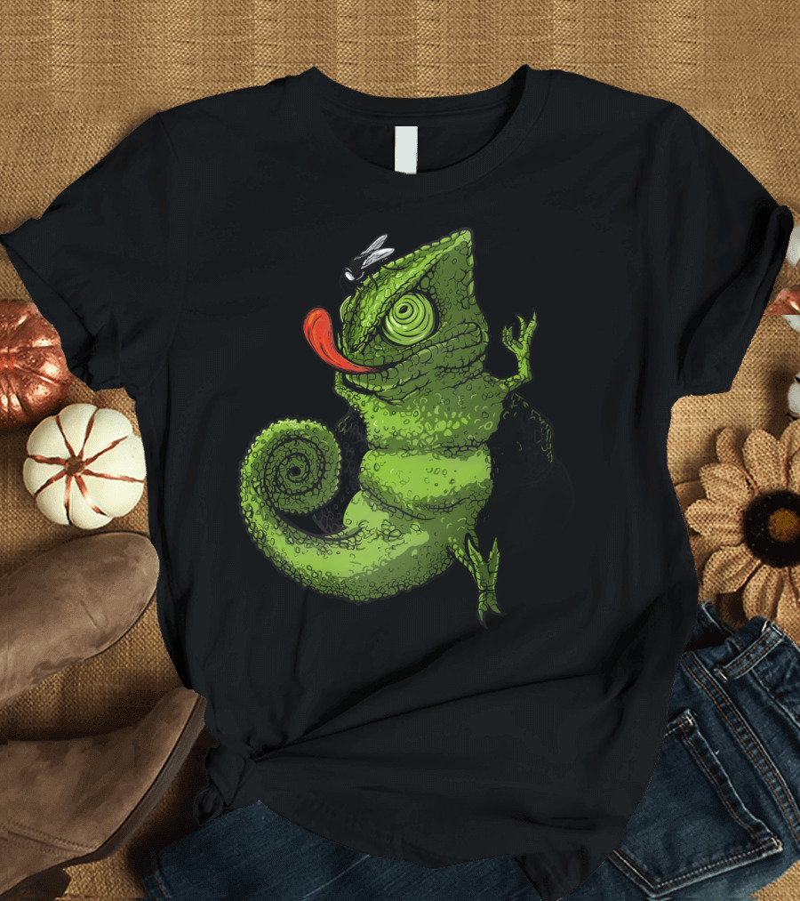 Fat Chameleon Cartoon with Swirling Tail and Catching Fly T-Shirt