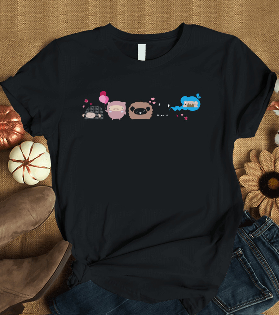Five Cute Animal Characters in Pastel with Kawaii Hearts and Stars T-Shirt