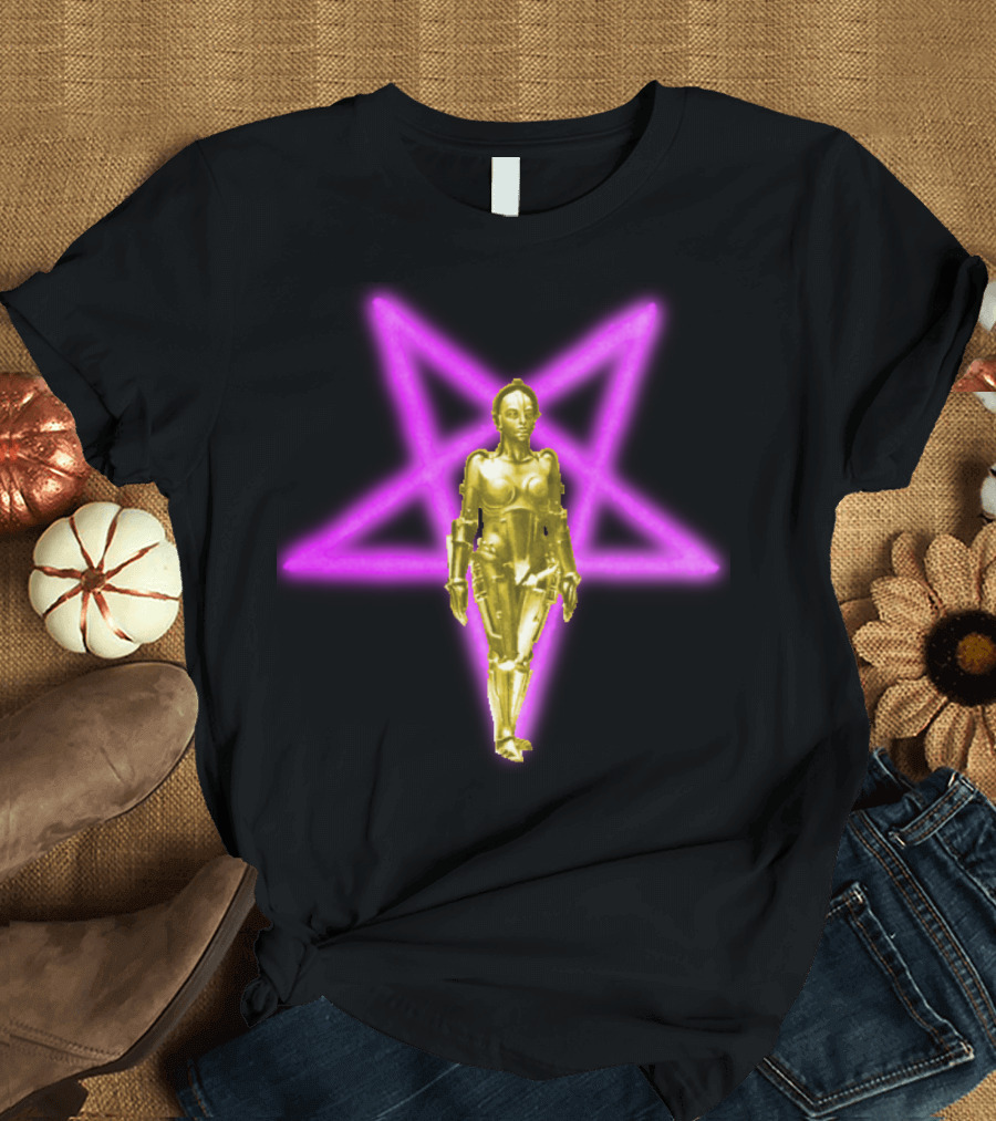 Maschinenmensch Metropolis Iconic Robot with Neon Star Background T-Shirt