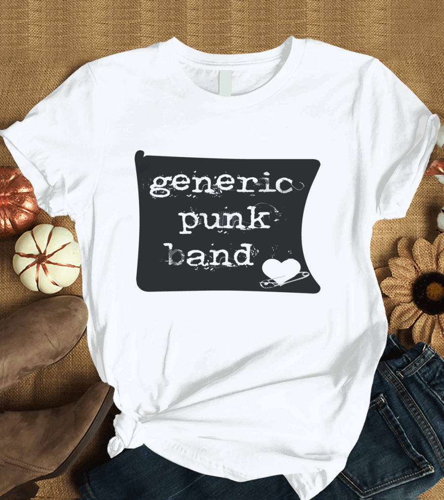 Generic Punk Band Distressed Text with Heart and Safety Pin T-Shirt