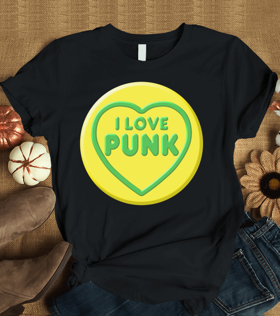 I LOVE PUNK Green Heart Text on Yellow Circular Badge T-Shirt