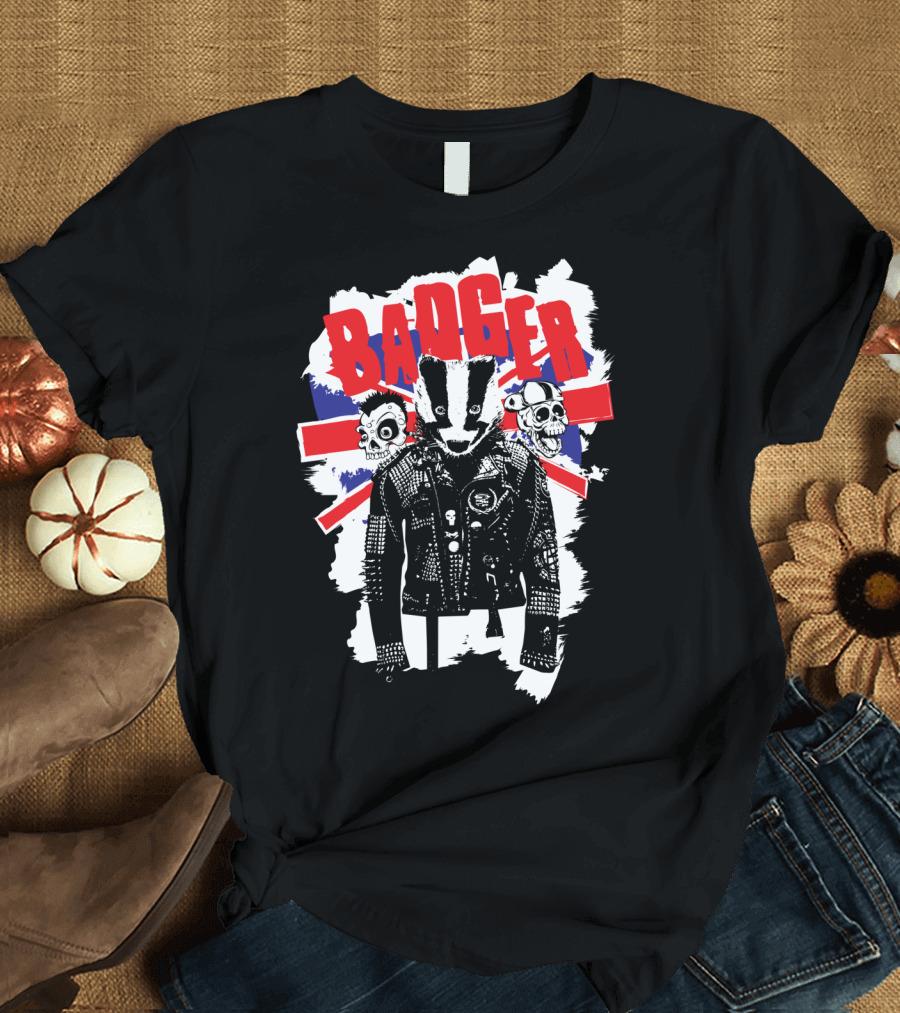 Badger Punk UK Leather Jacket Skull Union Jack Flag T-Shirt