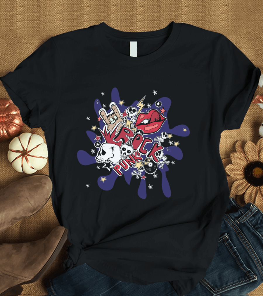 Rock Punk Skull Lips Lightning Stars Skull Hand Gesture T-Shirt