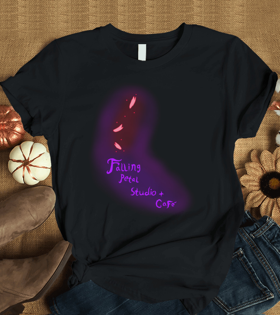 Falling Petal Studio and Cafe in Ethereal Pink and Purple Text with Falling Petals T-Shirt