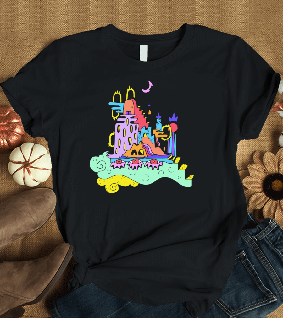 Village in the Sky Surreal Floating Island Artwork with Colorful Dreamscape Elements T-Shirt