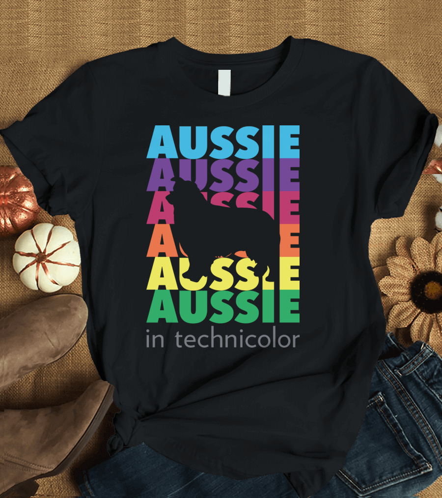 Aussie Technicolor Rainbow Silhouette Text Pattern with Dog Shape T-Shirt