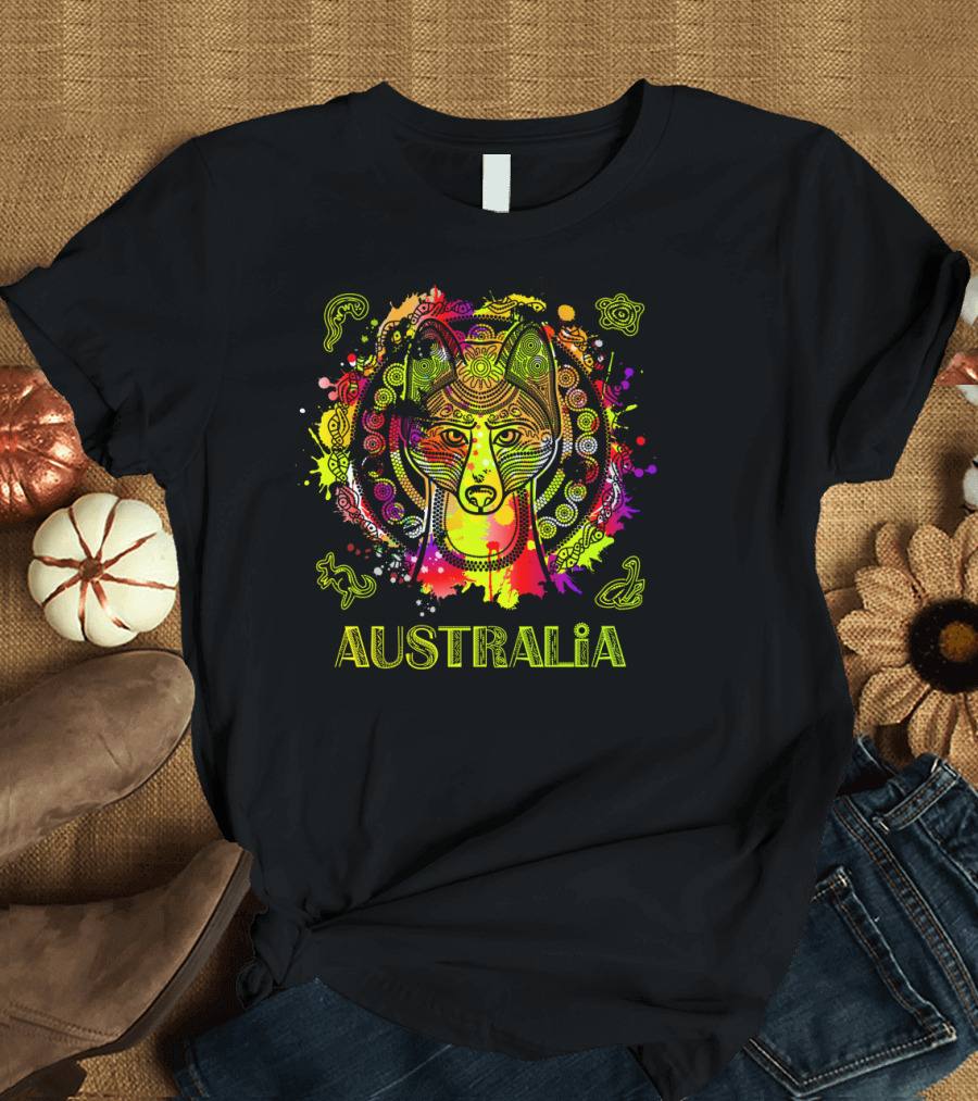 Australia Dingo with Ethnic Patterns in Australian Aboriginal T-Shirt
