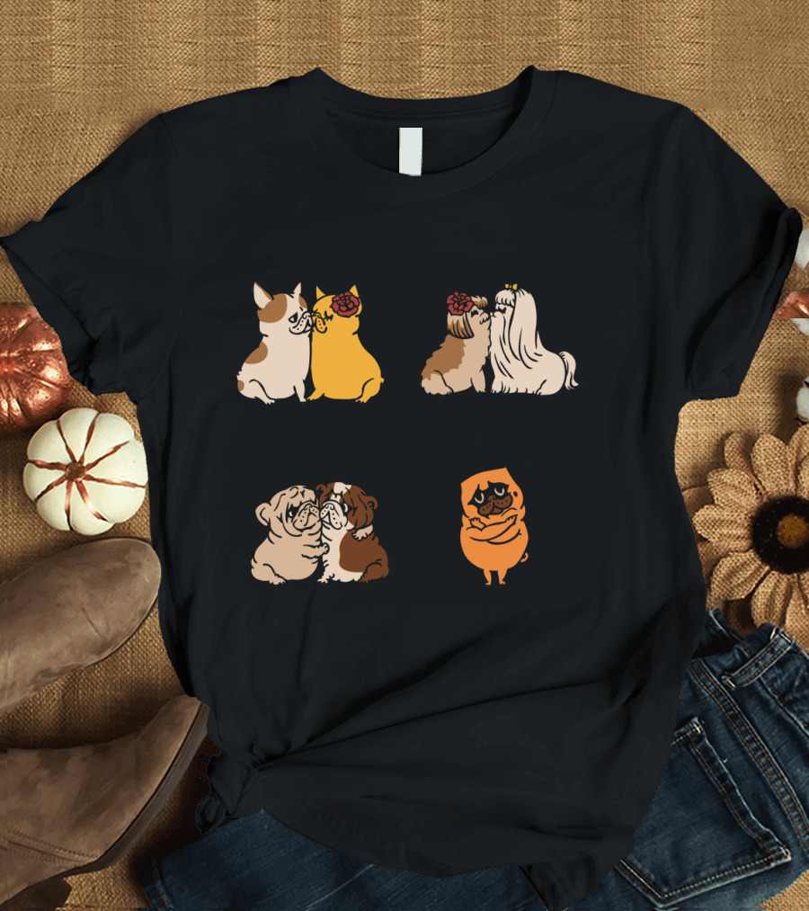 Love Is Love Me Funny Pug Couples Cartoon Dogs Hug T-Shirt