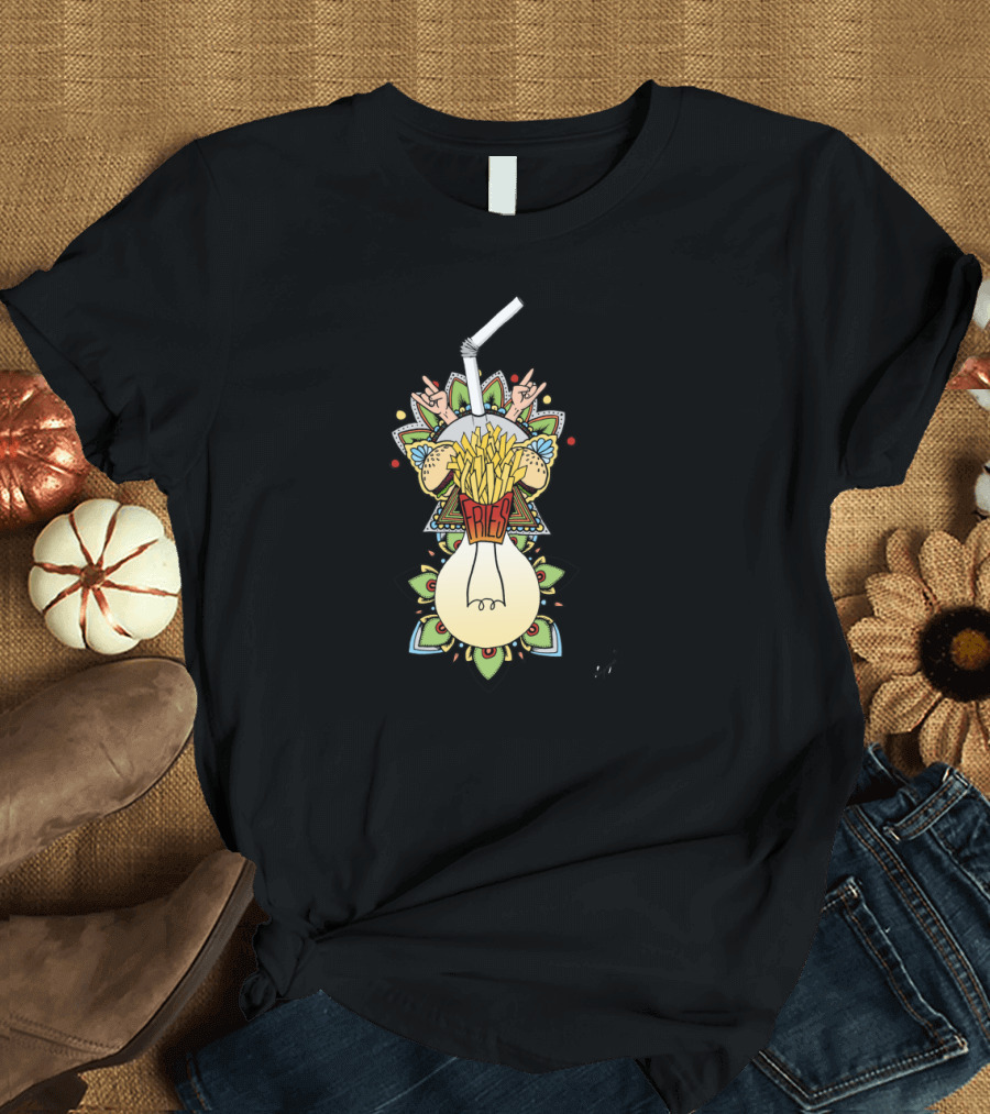 Fries in Lightbulb with Peace Hands and Straw on Mandala Background T-Shirt