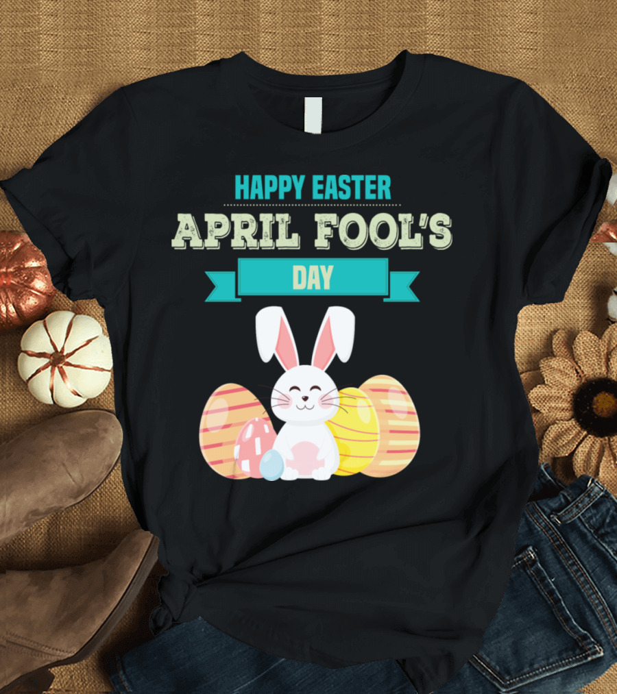 Happy Easter April Fool's Day Bunny with Striped Eggs T-Shirt