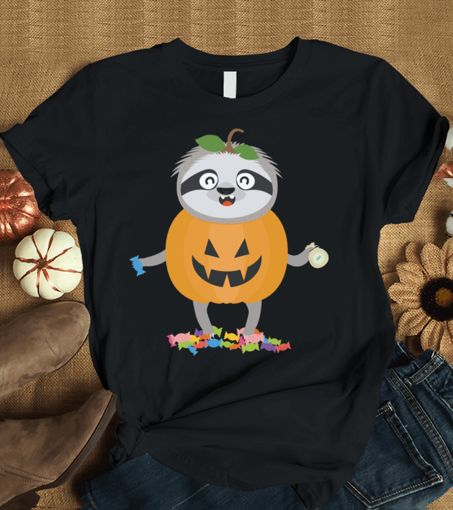 Pumpkin Sloth in Halloween Candy Costume T-Shirt