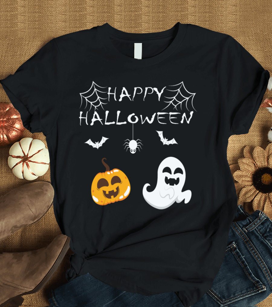Happy Halloween Pumpkin Ghost with Spiders Bats and Webs T-Shirt