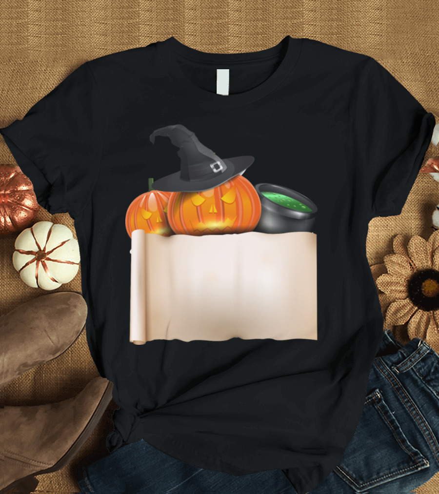 Halloween Pumpkin with Witch Hat and Scroll Featuring Bubbling Cauldron T-Shirt