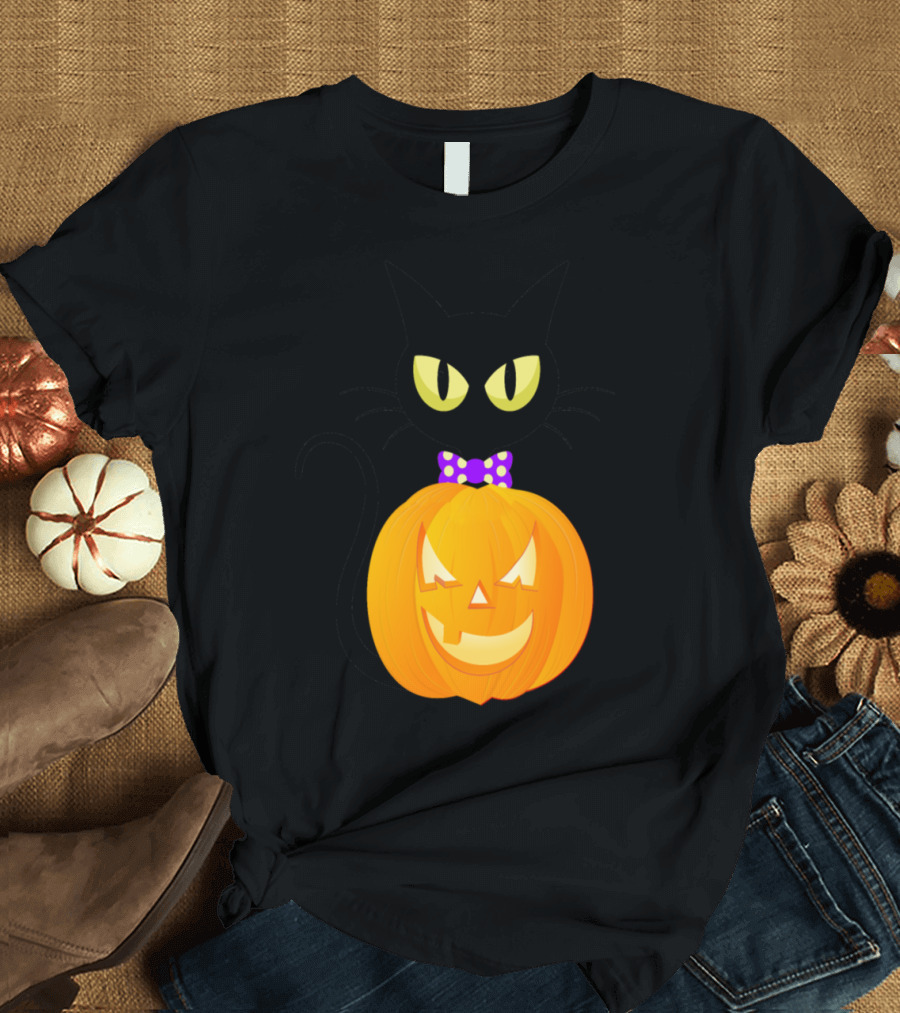 Black Cat with Purple Polka Dot Bow and Smiling Jack-O'-Lantern T-Shirt