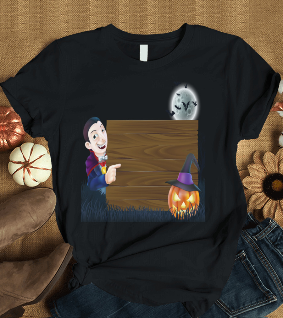 Halloween Vampire with Pumpkin and Bats Under Full Moon T-Shirt