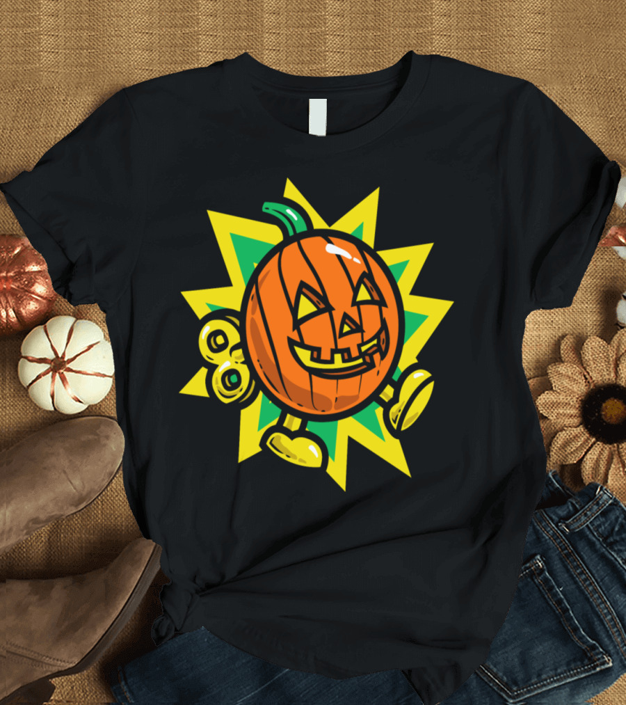 Pumpkin Bomb Wind-Up Toy with Starburst Background T-Shirt