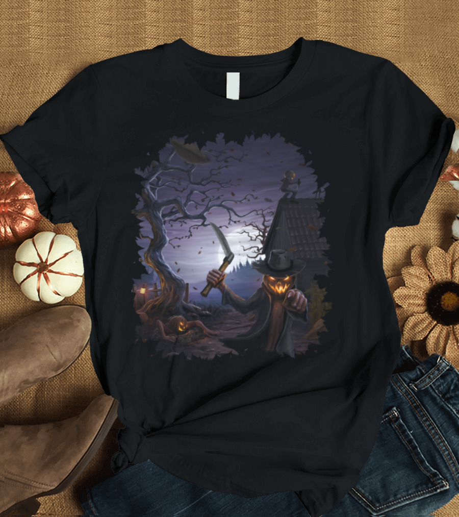 Evil Pumpkins Harvest Under Moonlit Spooky Tree and House T-Shirt