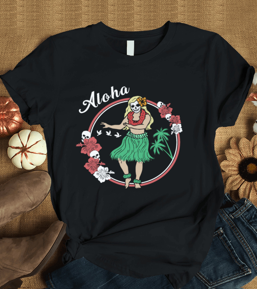 Aloha Skeleton Hula Dance Circle with Flowers and Palms T-Shirt