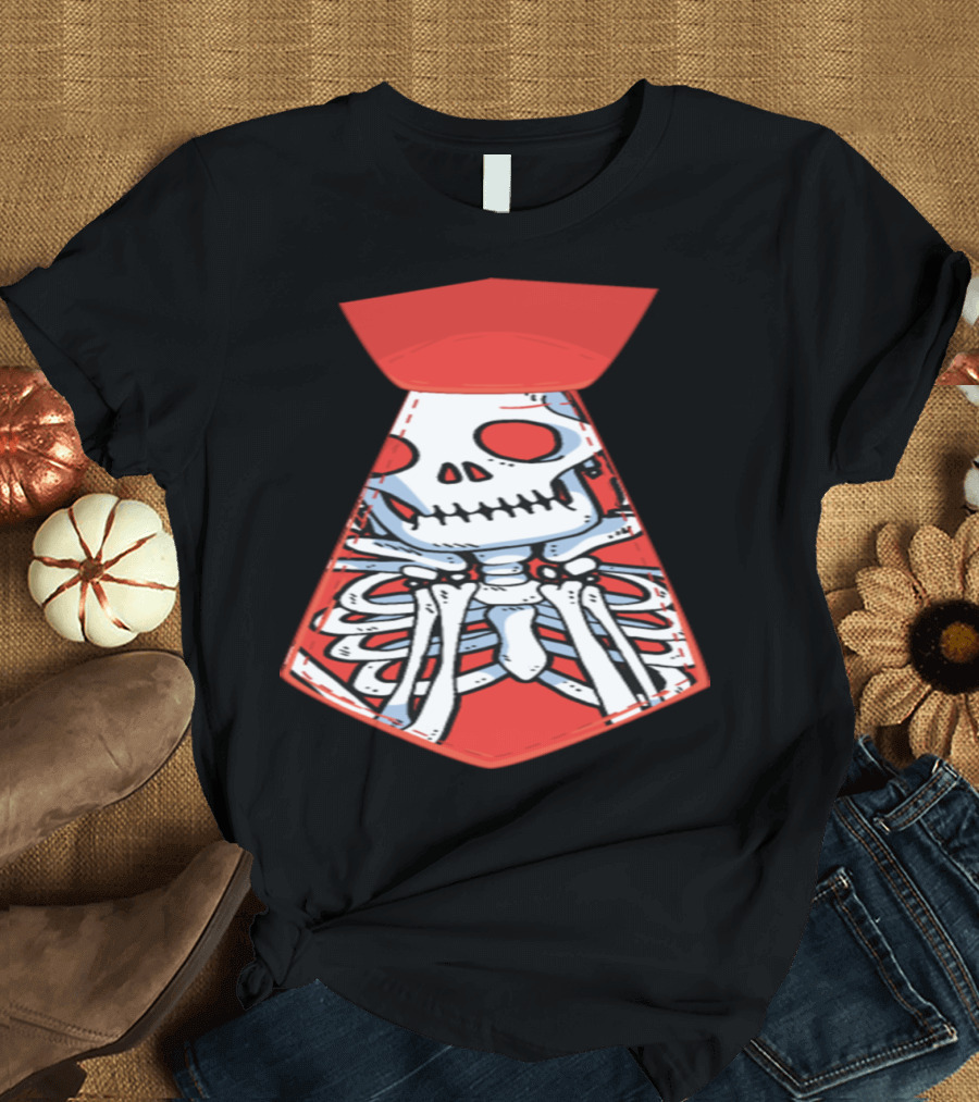 Scary Skeleton Bones Halloween Necktie with Red Accents T-Shirt