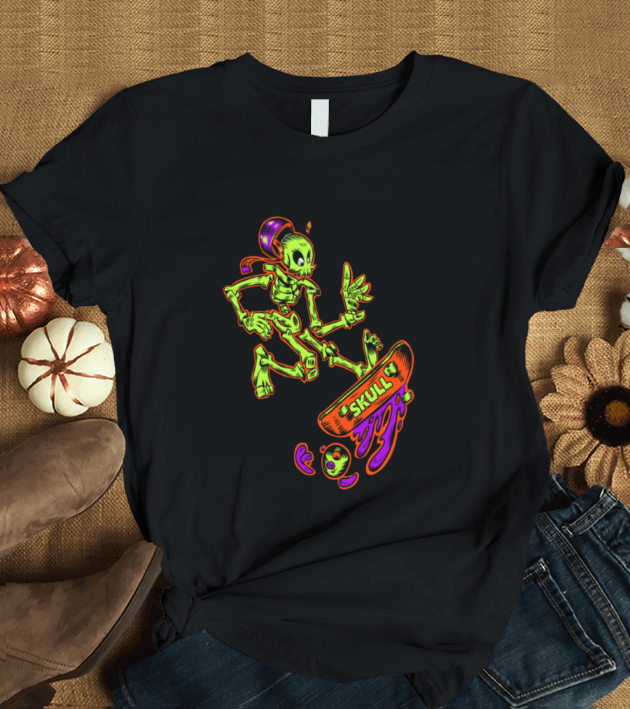 SKULL Neon Skeleton Skateboard Kick T-Shirt