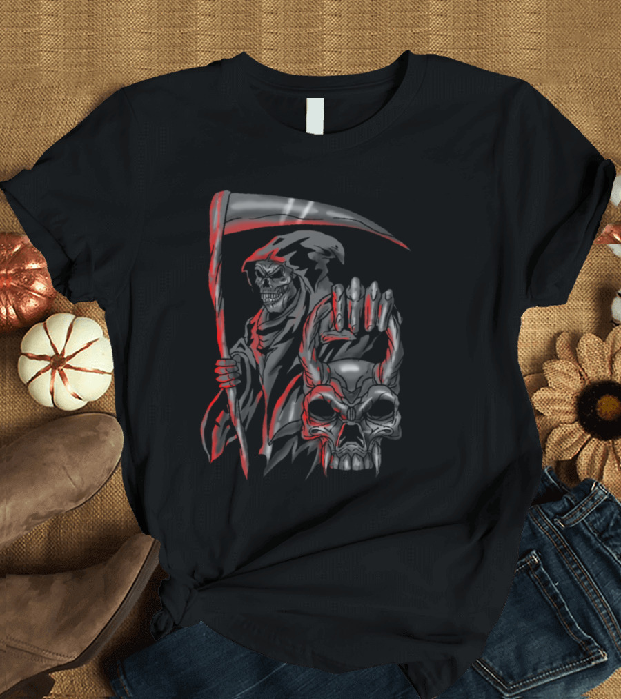 Reaper Dark Skeleton Angel of Death Skull Scythe and Demonic Head T-Shirt