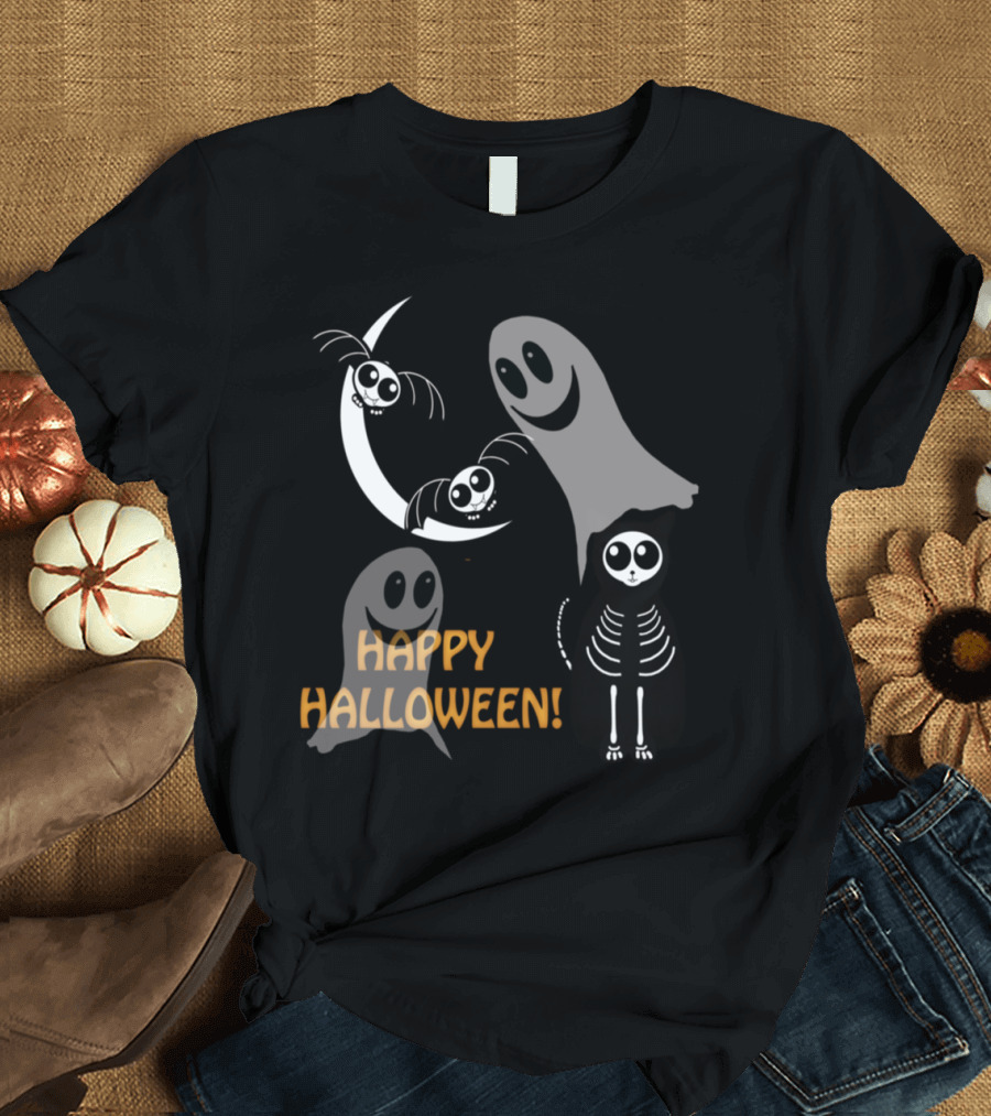 Happy Halloween Skeleton Animal Gang with Ghosts and Bats T-Shirt