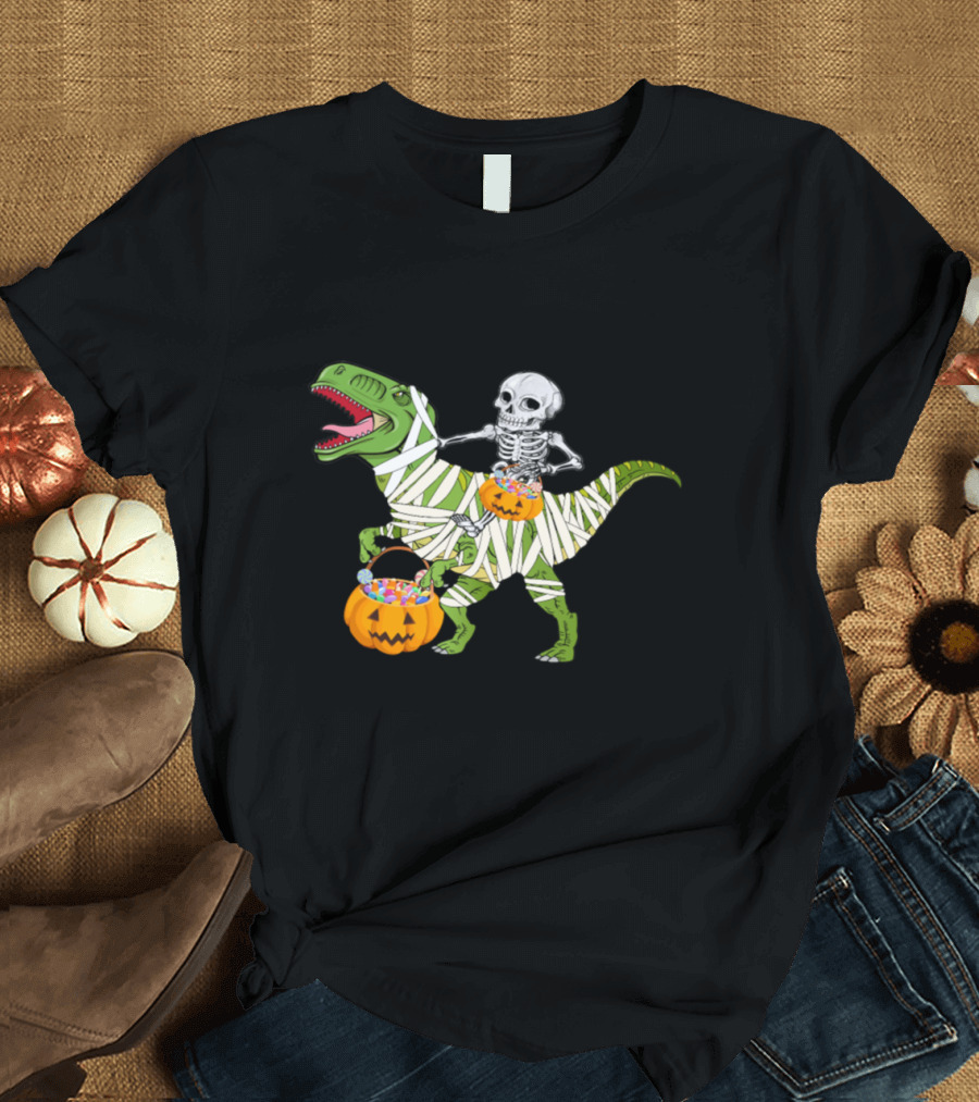 Skeleton Riding Mummy T-Rex with Halloween Pumpkins T-Shirt
