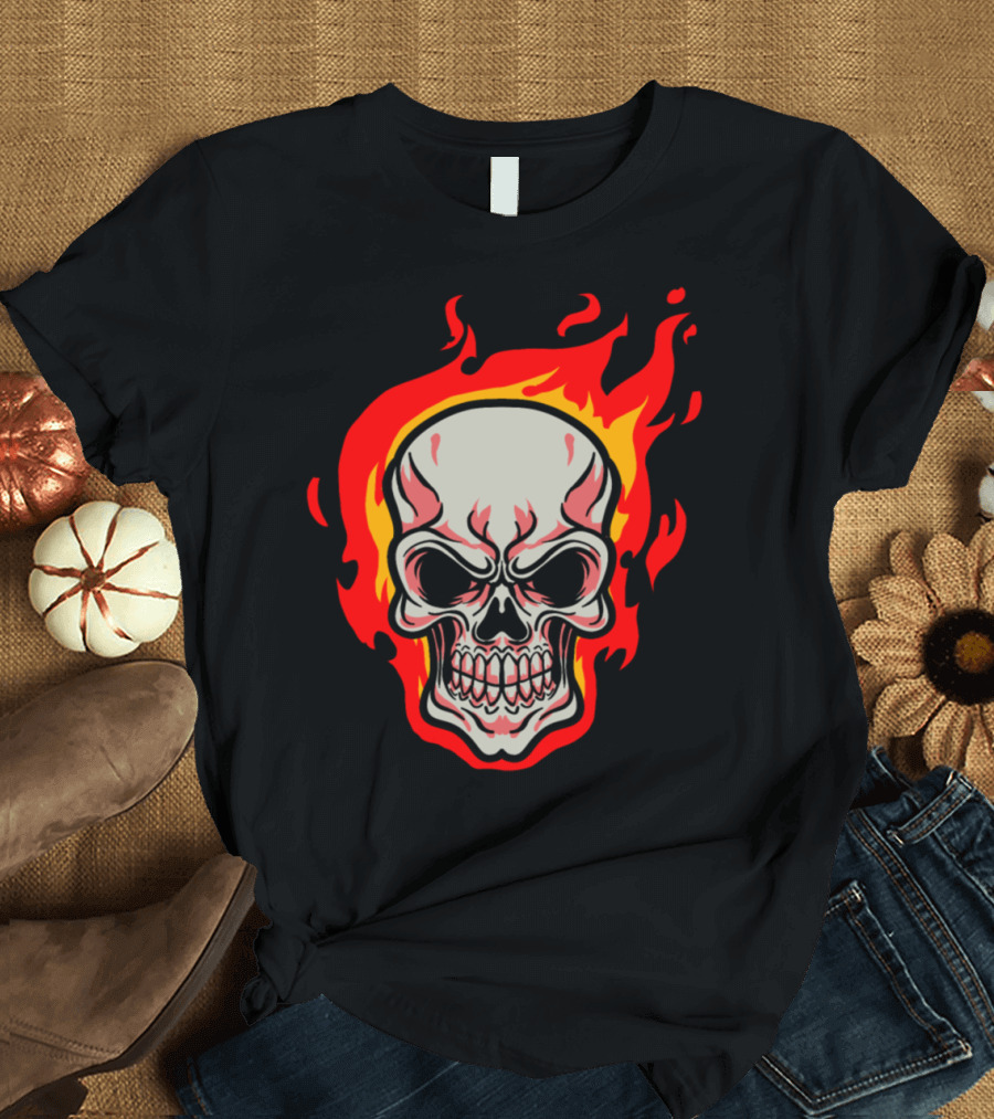 Skull Fire Human Skeleton Teeth Bones Flames T-Shirt