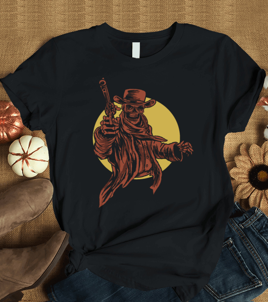 Cowboy Skull Skeleton Head Face With Gun and Hat T-Shirt