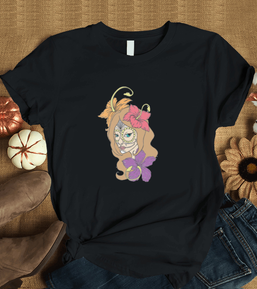 Female Sugar Skull with Hibiscus and Tropical Flowers T-Shirt